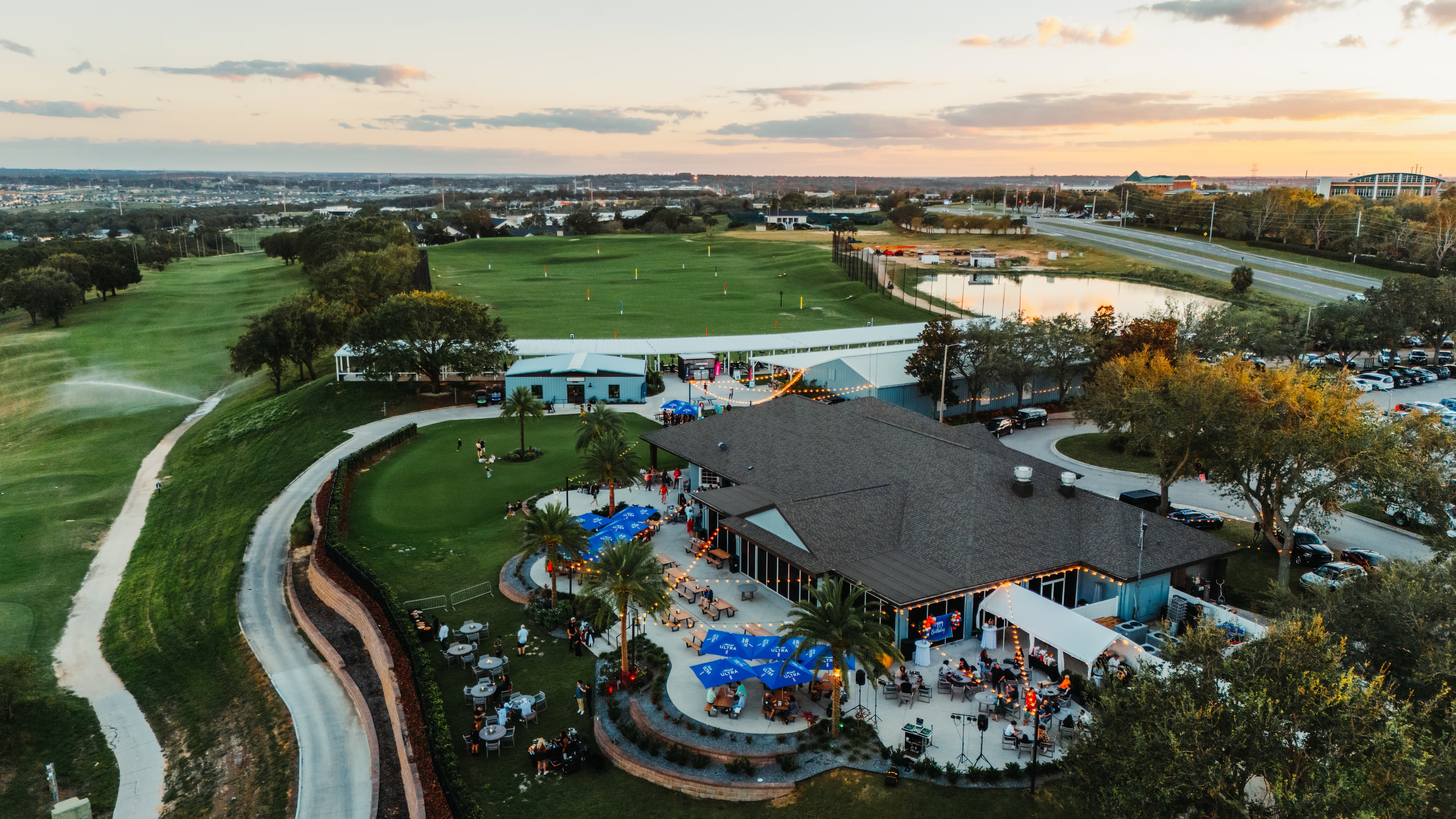 Golden hour panorama of Clermont National with lake views
