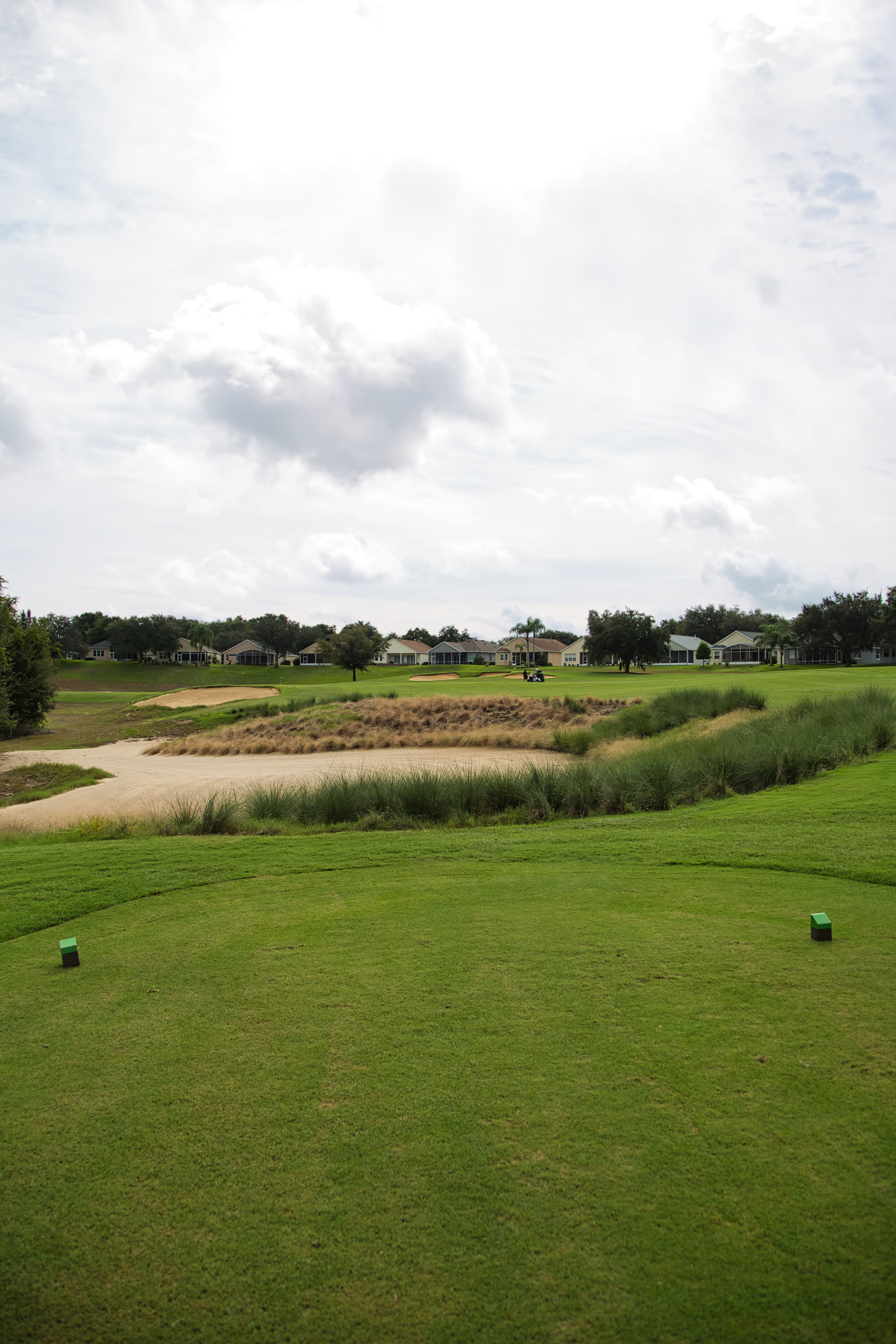 Tee box view down the fairway with fescue bunkers and rolling terrain