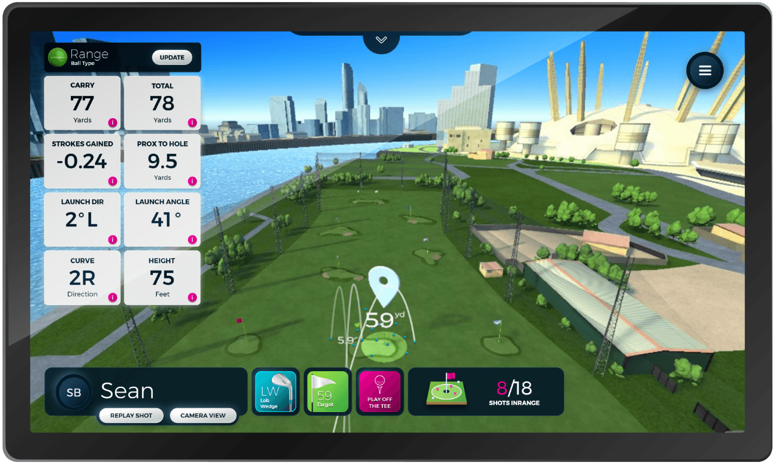 InRange shot tracking dashboard showing carry, total distance, launch angle, and proximity stats